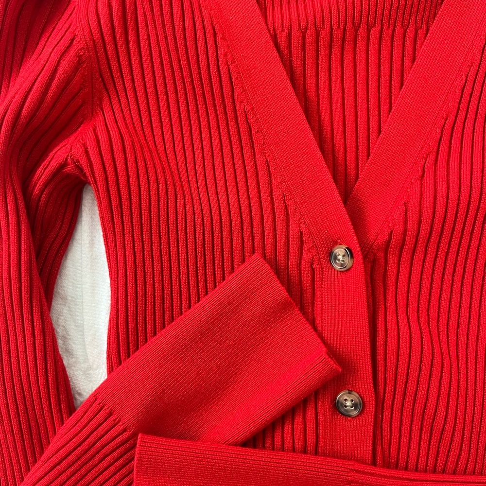 Red Ribbed V-Neck Button Cardigan Sweater